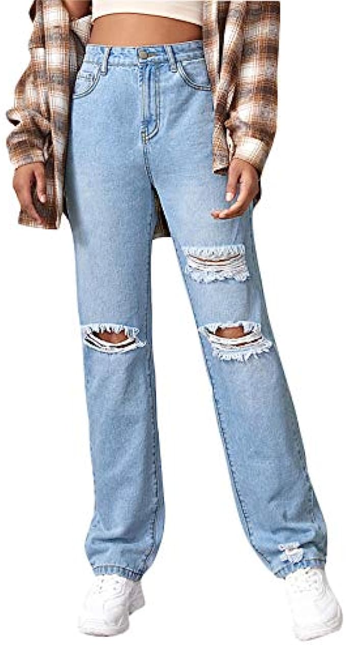 SweatyRocks Women&#039;s Ripped Straight Leg Jeans High Waist Distressed Cutout Denim Pants