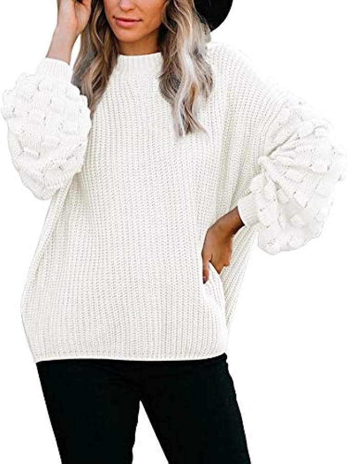 Sovoyontee Women&#039;s Cute Oversized Crewneck Loose Puff Sleeves Chunky Knit Pullover Sweater