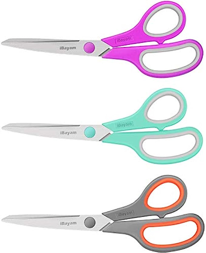 Scissors, iBayam 8&quot; Multipurpose Scissors Bulk Ultra Sharp Shears, Comfort-Grip Sturdy Scissors for Office Home School Sewing Fabric Craft Supplies, Right/Left Handed, 3-Pack, Mint, Grey, Purple
