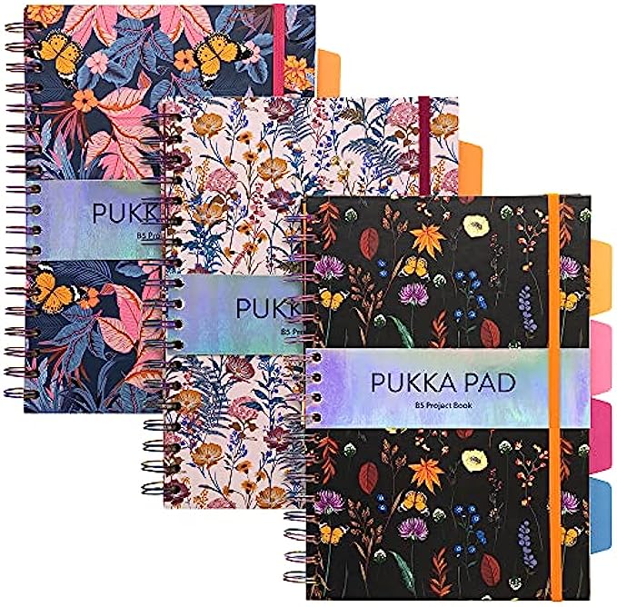 Pukka Pad Bloom B5 Hardcover Project Book – 9.65 x 7.09in – Pack of 3 Assorted Floral Designs